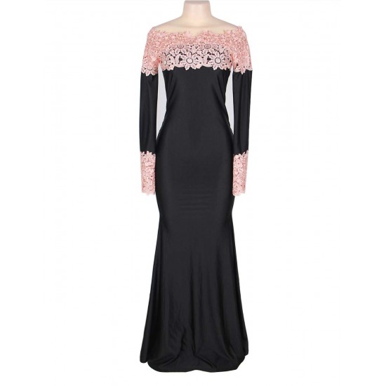 Boat Neck Pink Lace Evening Gown