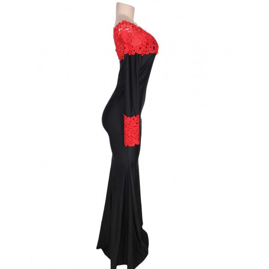 Boat Neck Red Lace Evening Gown