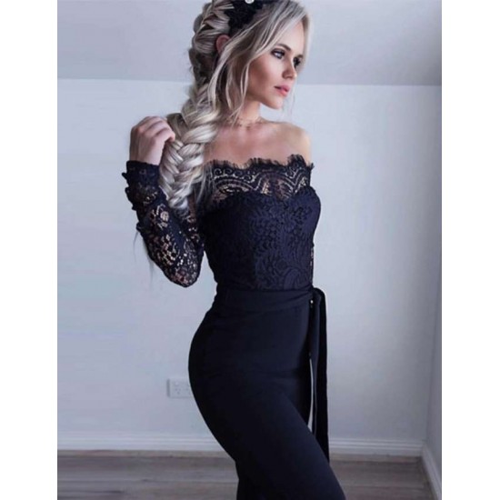 Black Falling shoulder lace stitching fashion jumpsuit