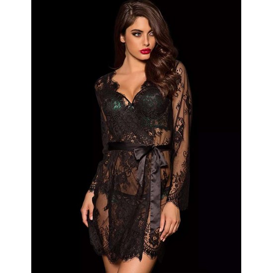 Plus Size Black Eyelash Lace Sleepwear Gown