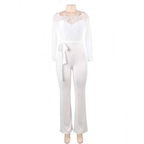 White Falling shoulder lace stitching fashion jumpsuit