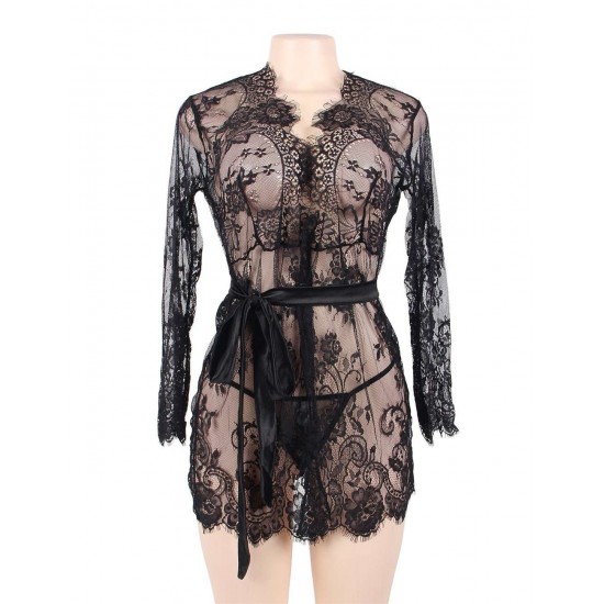 Plus Size Black Eyelash Lace Sleepwear Gown