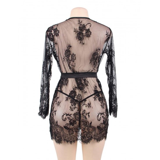 Plus Size Black Eyelash Lace Sleepwear Gown