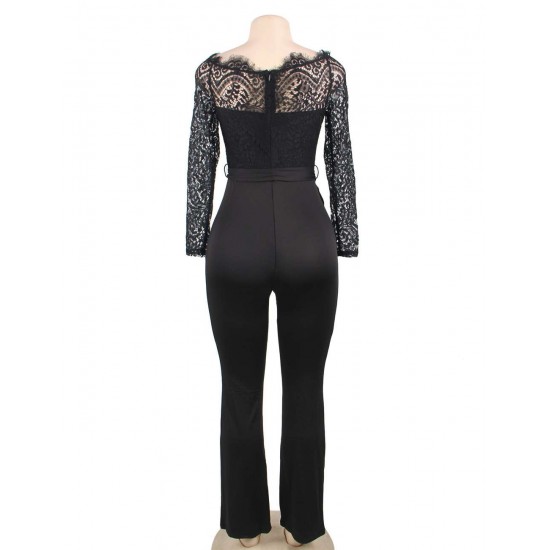 Black Falling shoulder lace stitching fashion jumpsuit