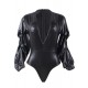 Plus Size Black Deep V Collar bubble sleeve Teddy