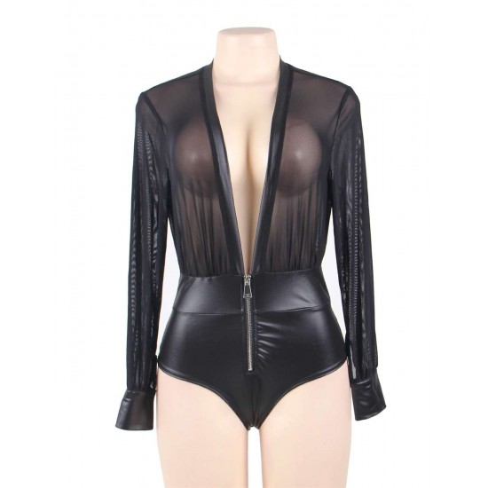 Plus Size Black V-neck Zipper Leather Teddy