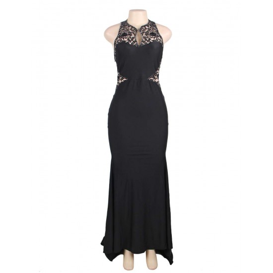 Embroidery High Neck Keyhole Backless Black Party Gown