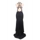 Plus Size Embroidery High Neck Keyhole Backless Black Party Gown