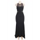 Plus Size Embroidery High Neck Keyhole Backless Black Party Gown