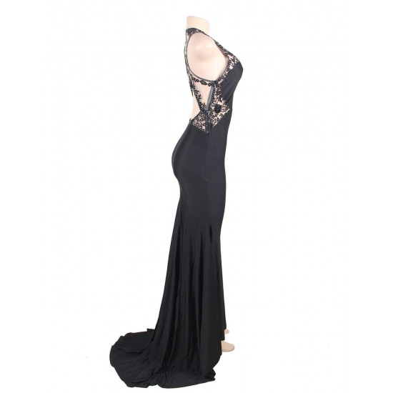 Plus Size Embroidery High Neck Keyhole Backless Black Party Gown