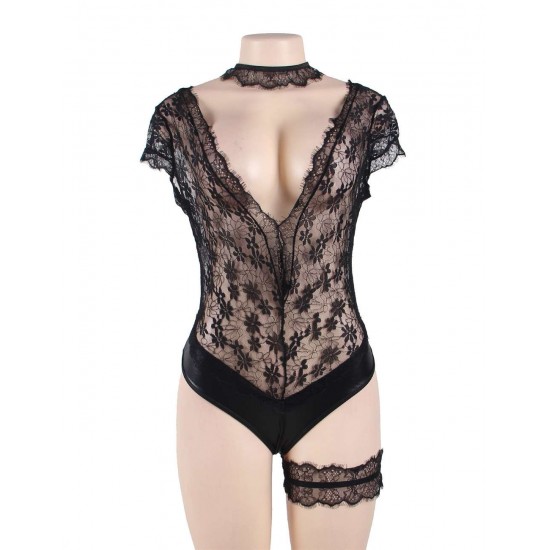 Plus Size Black Floral Eyelashes Lace Teddy