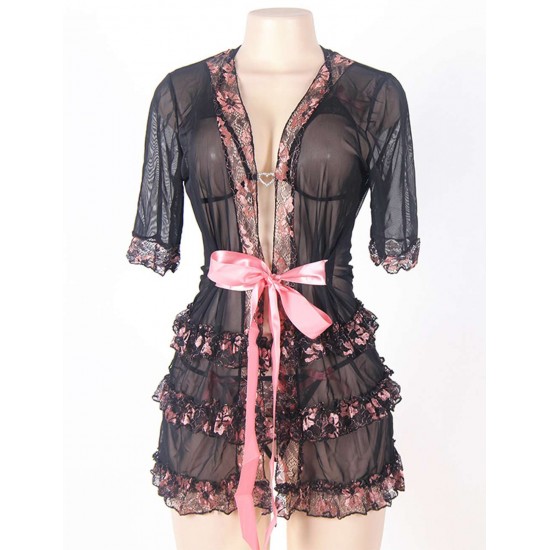 3 Pieces Black Lace Babydoll Valentine Robe Set