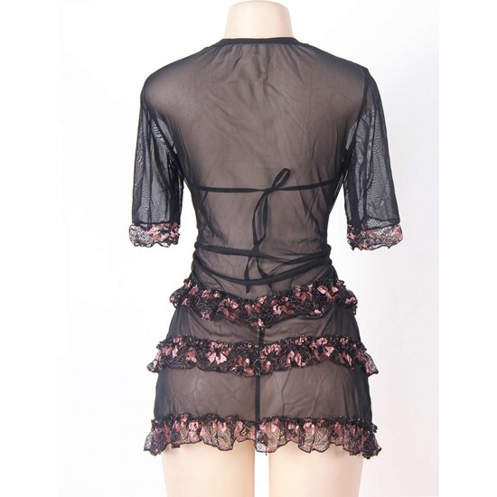 3 Pieces Black Lace Babydoll Valentine Robe Set