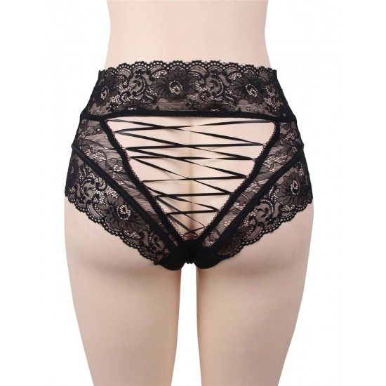 Plus Size Sexy Black High Waist Lace Strappy Panty