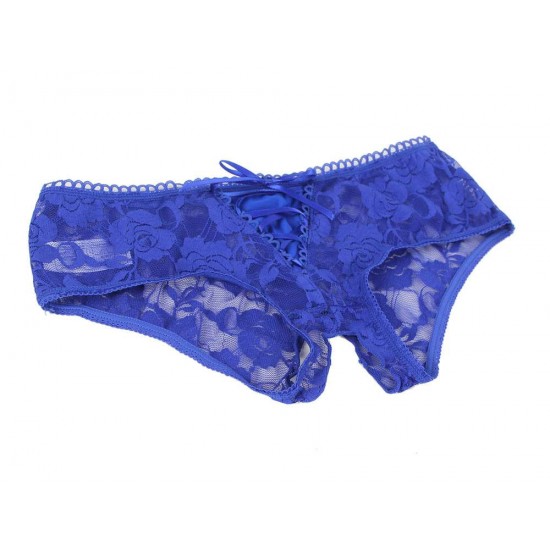 Blue Open Crotch Strappy Lace Thongs