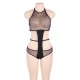 Black Backless Striped Lace Teddy