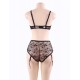 Black Lace Open Bust Bra And Garter Panty Set With Steel Ring