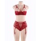 Red Lace Open Bust Bra And Garter Panty Set With Steel Ring