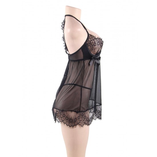 Sexy Black Sheer Floral Eyelash Trim Lace Babydoll Set