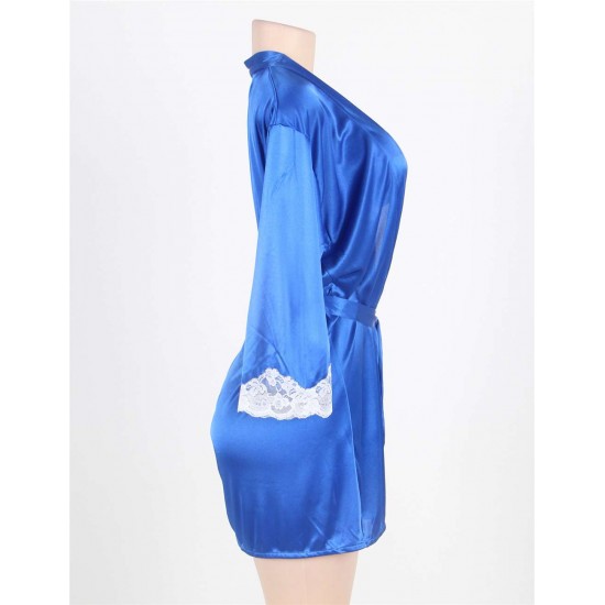 Blue Silky Home Pajamas With Waist Belt