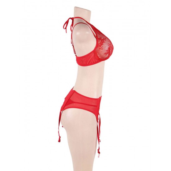 Sexy 3pcs Red Eyelash Lace Bra Panty Set