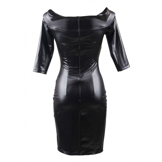 Plus Size Black Off-Shoulder Embroidery Leather Dress