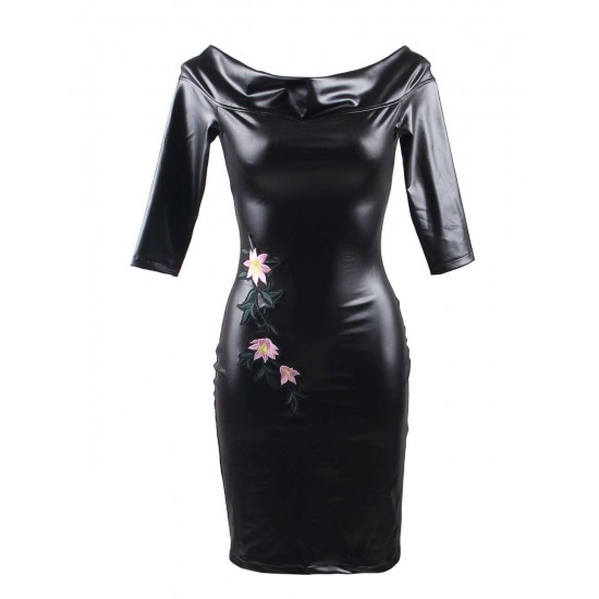 Plus Size Black Off-Shoulder Embroidery Leather Dress