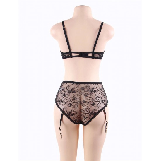 Plus Size Black Lace Open Bust Bra And Garter Panty Set With Steel Ring