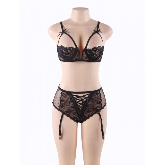 Plus Size Black Lace Open Bust Bra And Garter Panty Set With Steel Ring