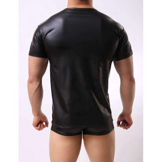 Men's Leather Underwear Short Sleeve T-shirt Undershirt Lingerie Top