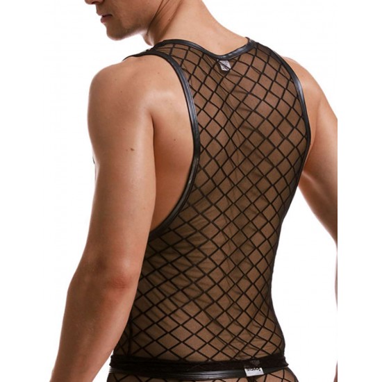 Men Sexy Mesh Plaid Transparent Tank Tops Undershirts For Fun Party Vest 