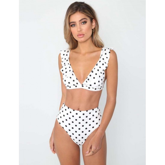 White Sexy Deep-V Ruffled Polka Dot Bikini