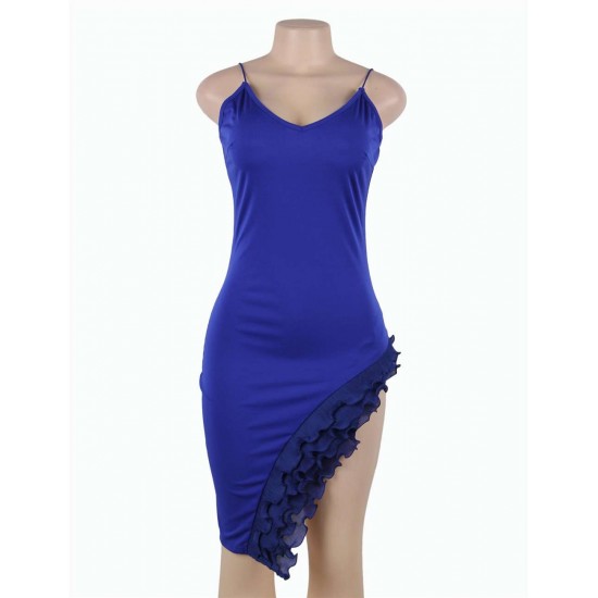 Blue Sexy Ruffled Hem Suspender Dress 