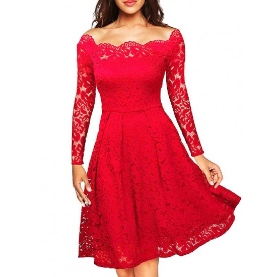 Long Sleeve Fashion Red Lace Midi Dress