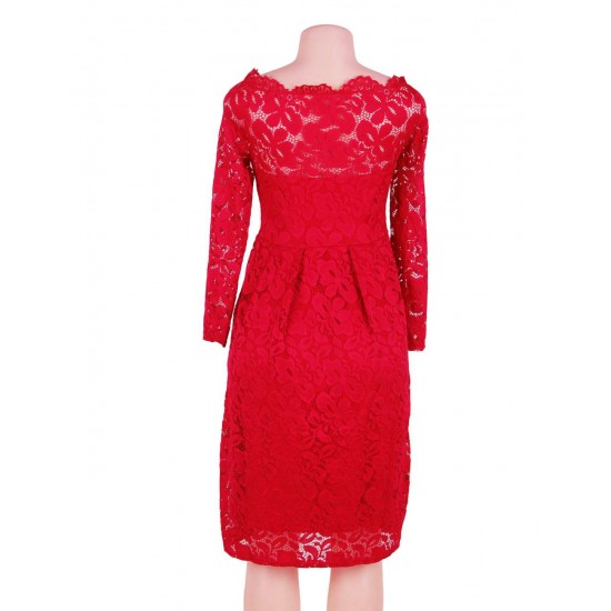 Plus Size Long Sleeve Fashion Red Lace Midi Dress