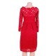 Plus Size Long Sleeve Fashion Red Lace Midi Dress