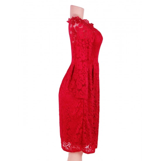 Long Sleeve Fashion Red Lace Midi Dress