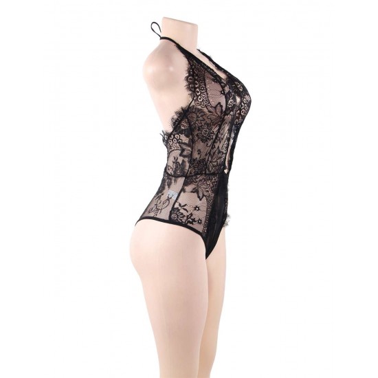 Plus Size Black Deep V Exquisite Lace Teddy