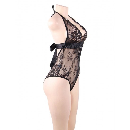 Black Deep V Backless Exquisite Lace Teddy