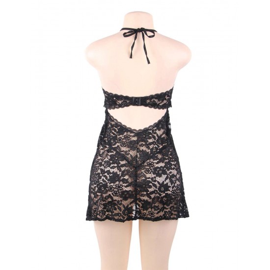 Black Backless Exquisite Lace Babydoll Set