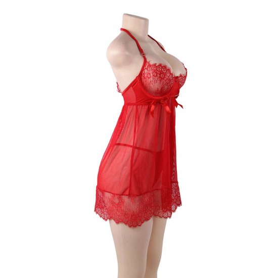 Sexy Red Sheer Floral Eyelash Trim Lace Babydoll Set