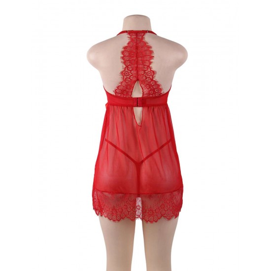 Plus Size Sexy Red Sheer Floral Eyelash Trim Lace Babydoll Set