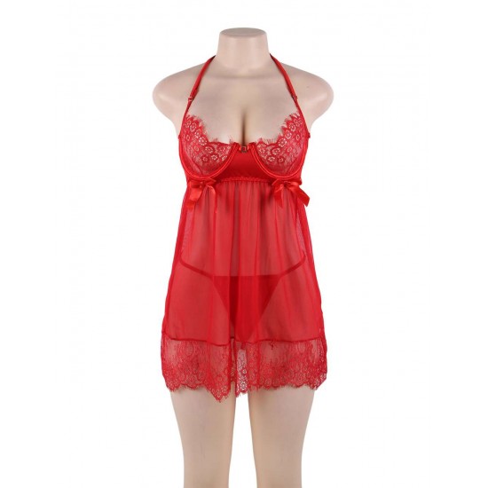 Plus Size Sexy Red Sheer Floral Eyelash Trim Lace Babydoll Set