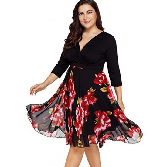 Plus Size Elegant Knee-length Floral Dress