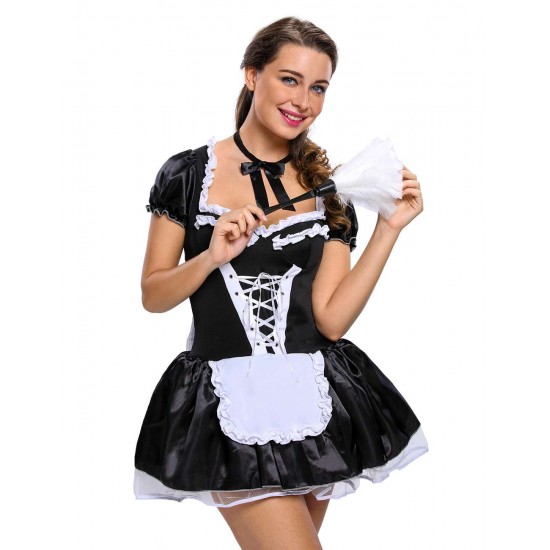 Halloween Satin French Maid Adult Uniform Fancy Dress Costume