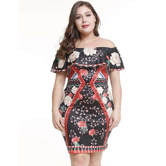 Plus Size Off Shoulder Casual Printed Shirt Dress