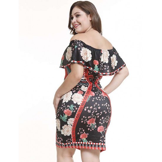 Plus Size Off Shoulder Casual Printed Shirt Dress