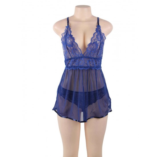 Plus Size Blue Elegant Backless Fly-away Babydoll