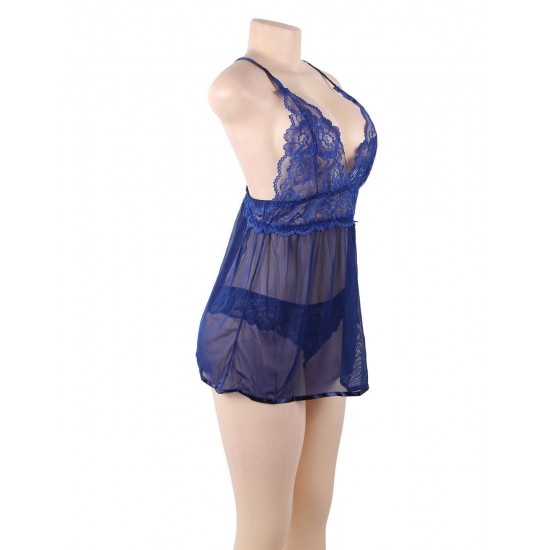 Plus Size Blue Elegant Backless Fly-away Babydoll