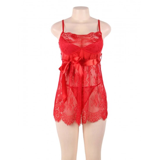 Plus Size Sexy Red Eyelash Trim Lace Babydoll Set